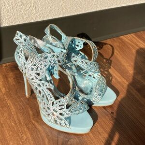 Crystal Embellished Light Blue Cutout High Heel Sandals - Women
